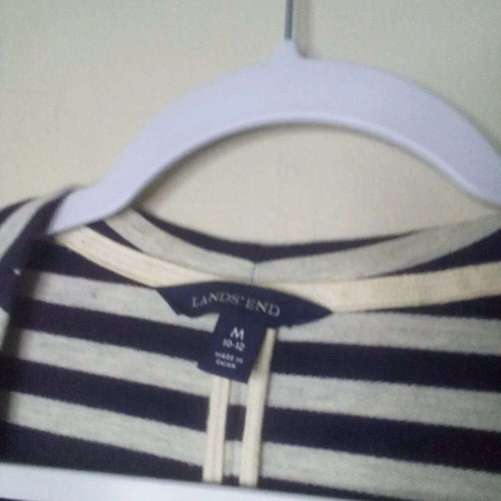Lands' End Open Cardigan Women M 10-12 Long Sleeve Stripe Blue White